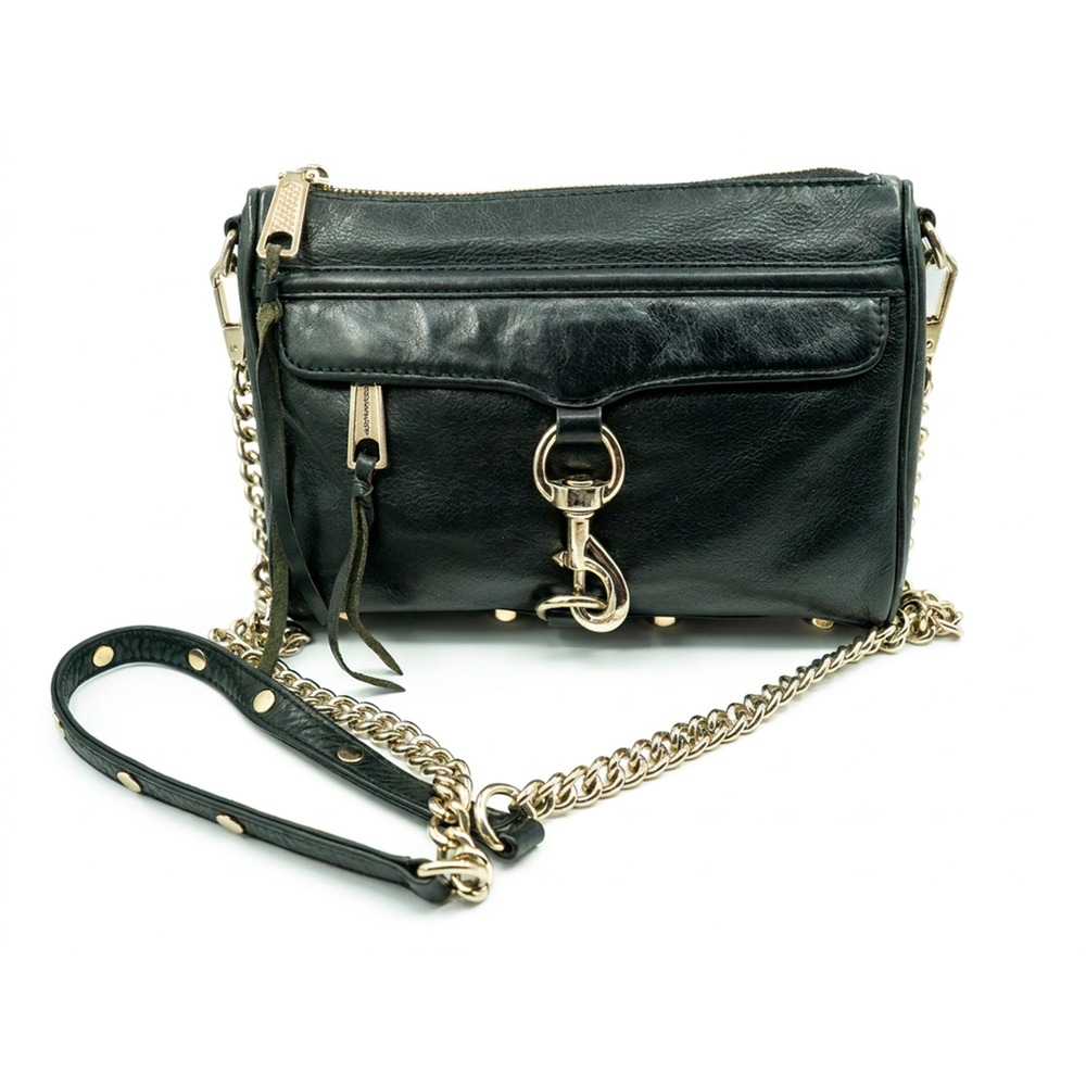 Rebecca Minkoff Mini MAC‎ Black Leather Crossbody Bag Gold Chain Strap